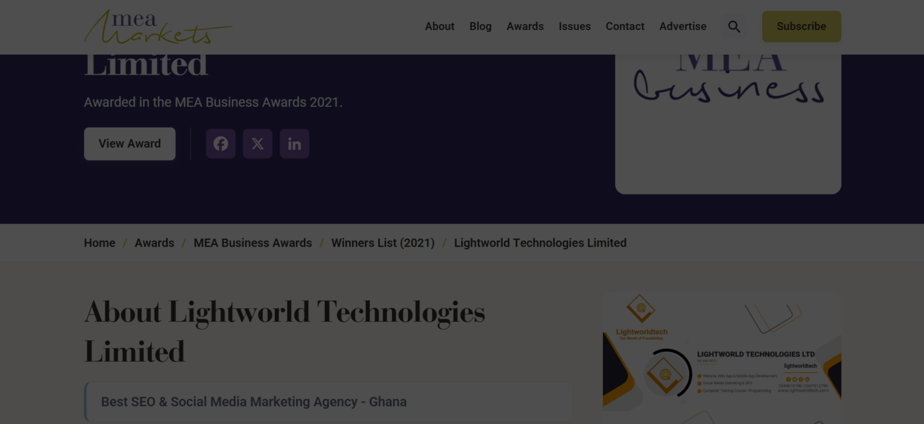 Lightworld Technologies Limited Won MEA Business Awards 2021
